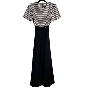 Vintage David Warren Dress Black & White Size 8 Strips Belt Zip